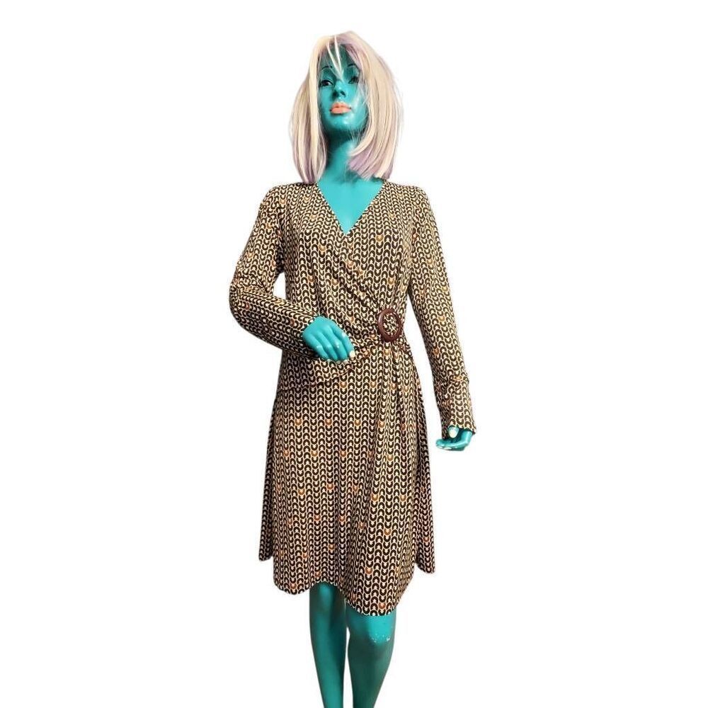 UNYX Women’s Faux Wrap Dress – Size L – Geometric Print, Long Sleeve, Belt Ring